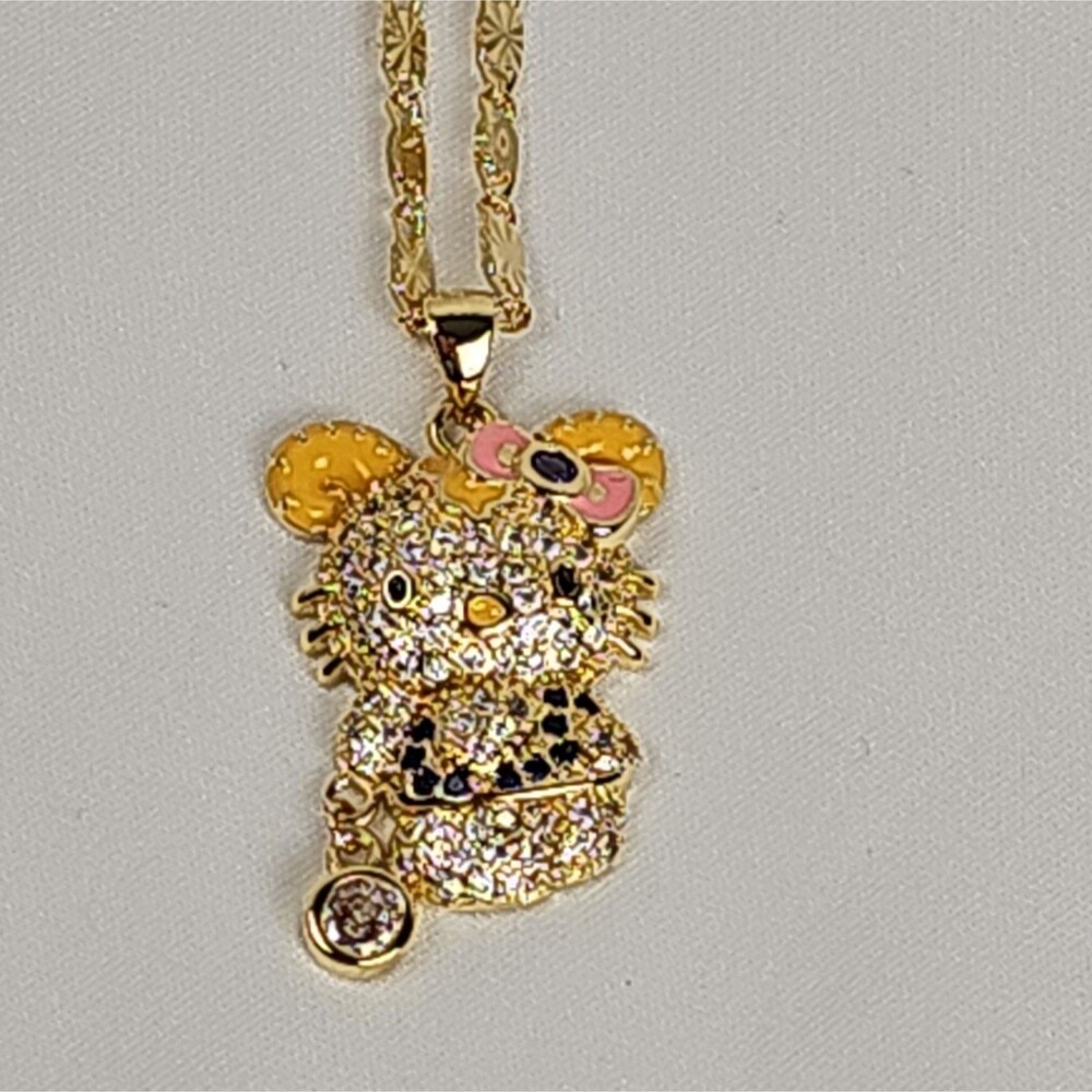 Hello Mouse Kitty Rhinestone Pendant Necklace Gold Tone Costume Jewelry